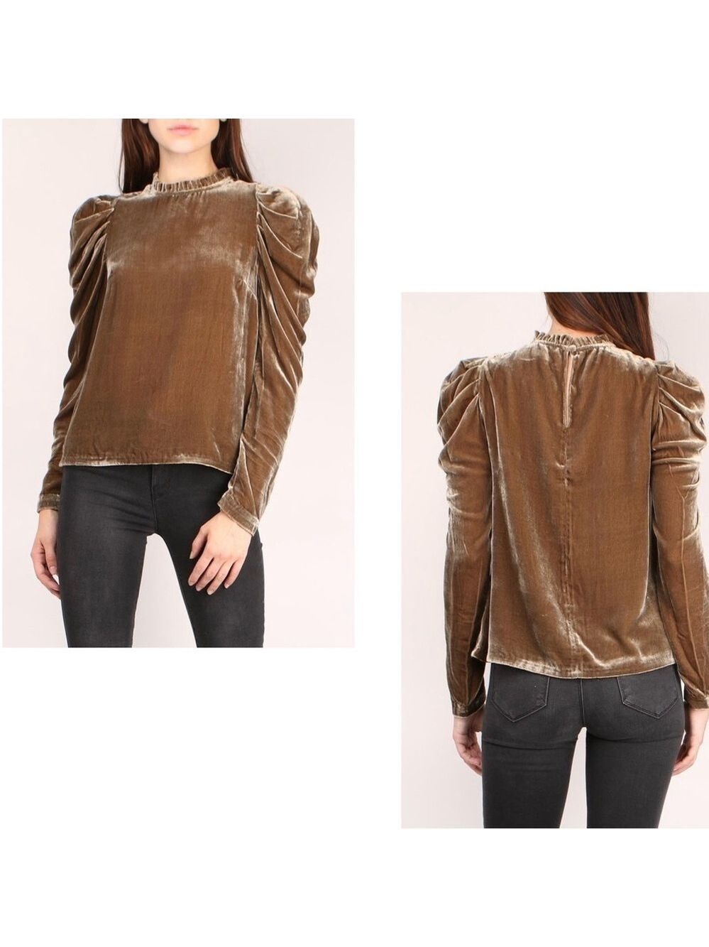 Ulla Johnson Giles Velvet Blouse olive puff sleeve ruffle collar silk blend 6